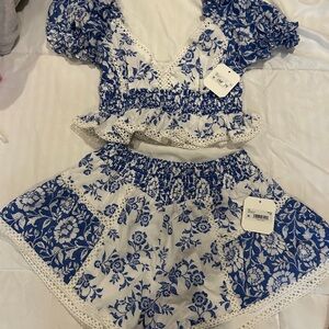 Altar'd State Blue & White Floral Crochet-Trim Set